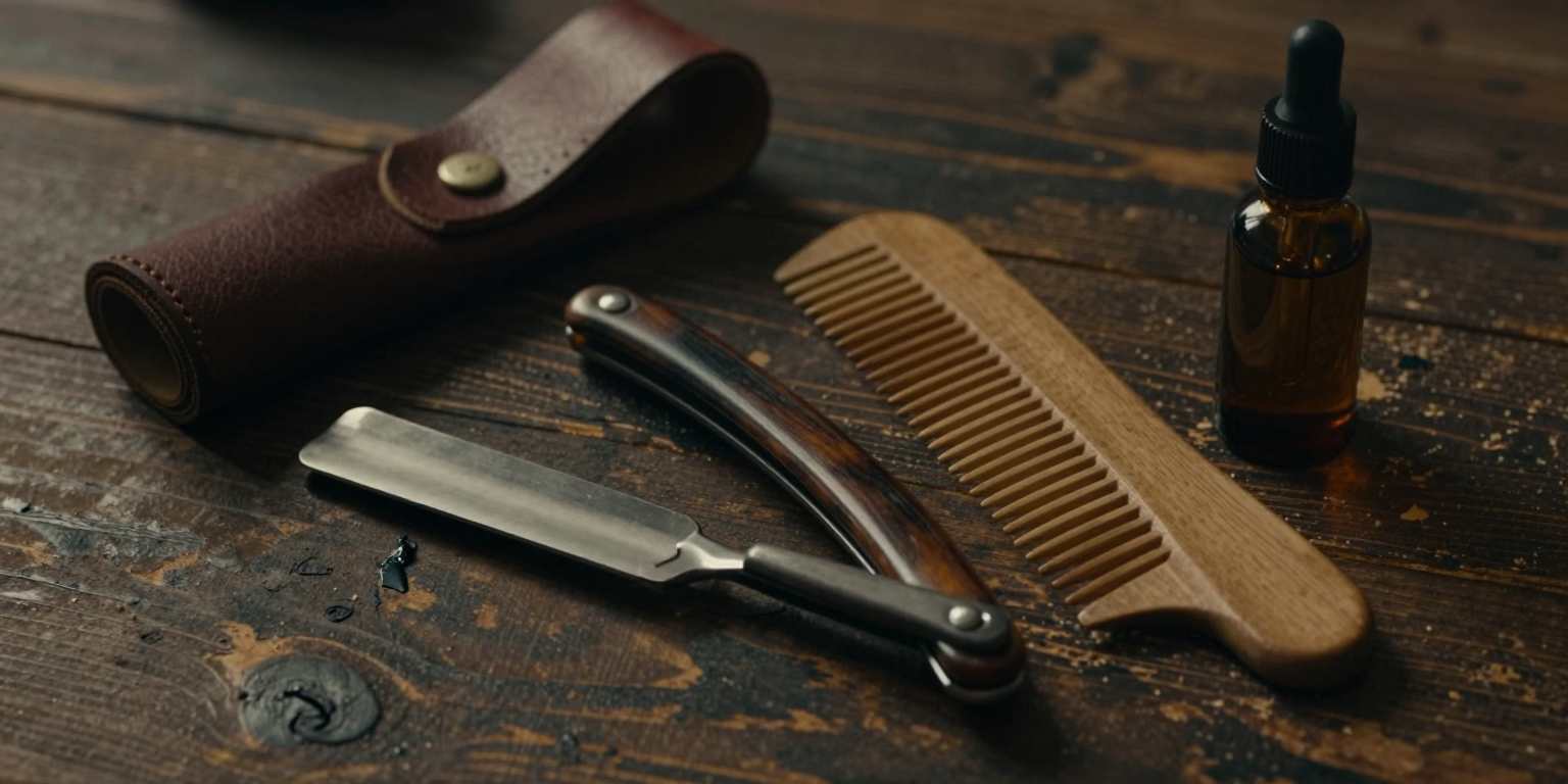 A straight razor, leather strop, wooden comb and amber oil bottle on a weathered wooden table