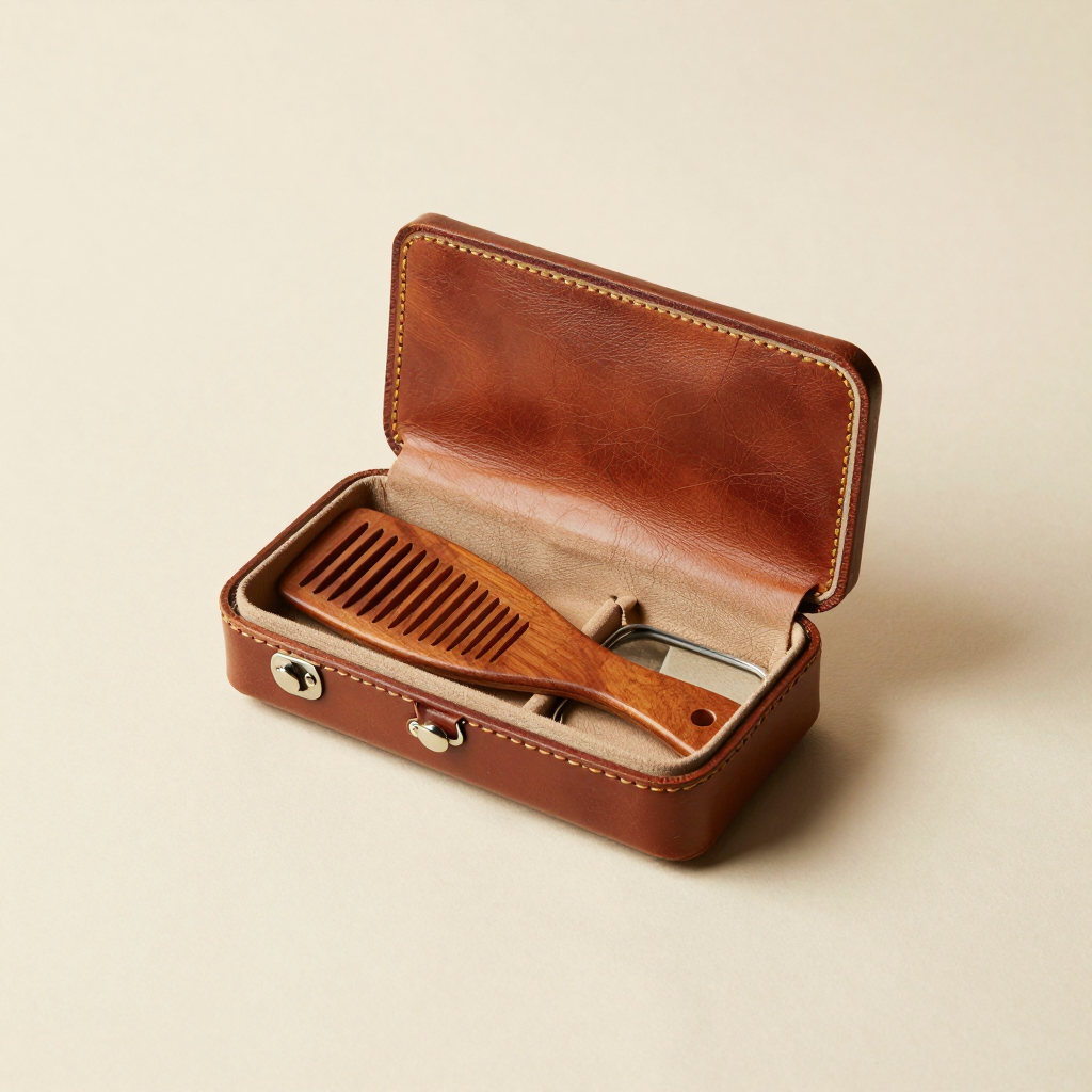 Vintage saddle-leather grooming case open to reveal a wooden comb and metal mirror