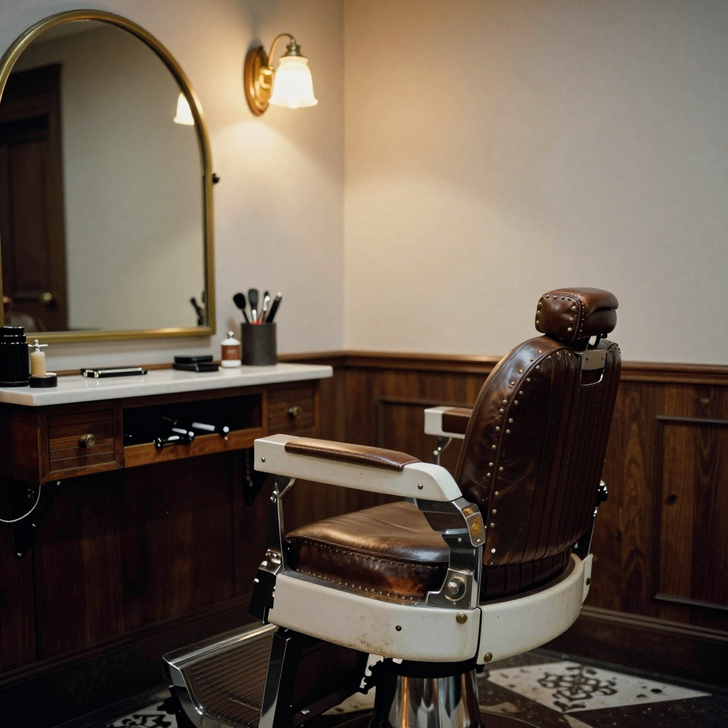 Interior of an old 1940s barbershop with a leather chair, brass mirror and wood panelling